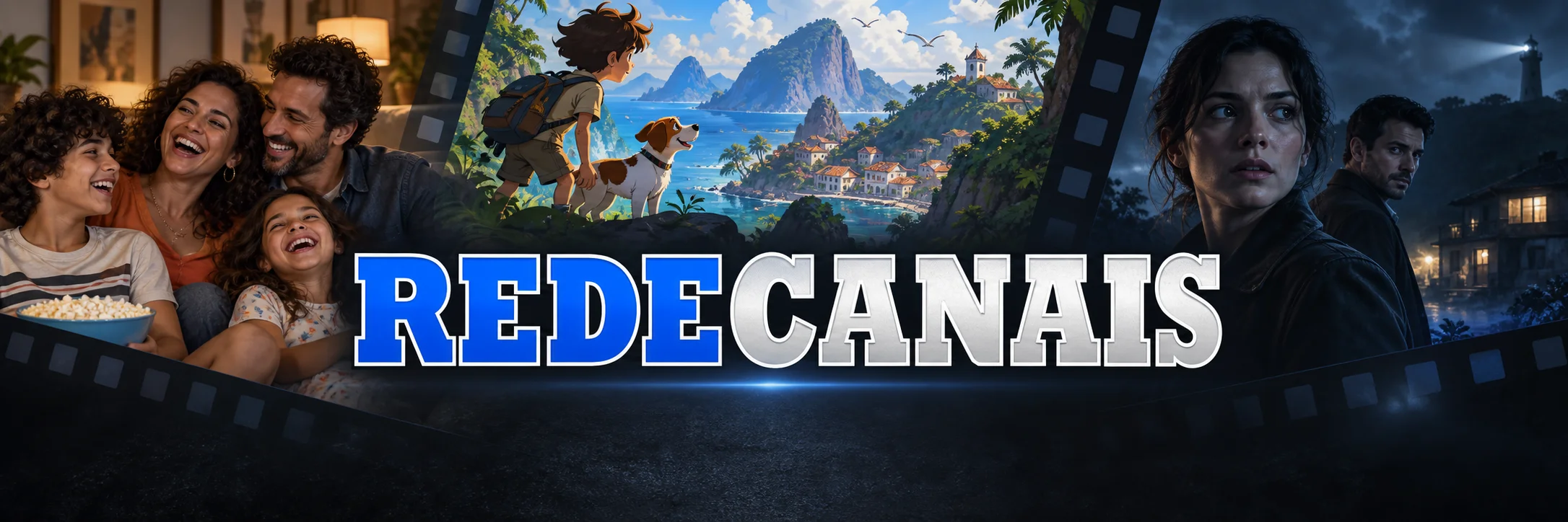 REDECANAIS em azul e prata entre cenas originais de comédia, animação e mistério